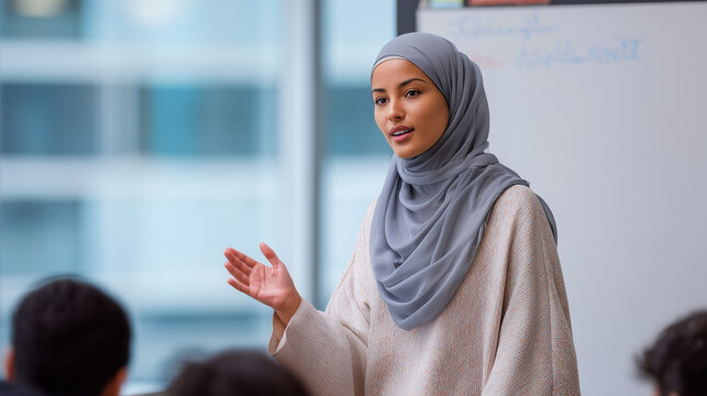 Young Muslim woman teaching in classroom while engaging with students - Powered by Adobe