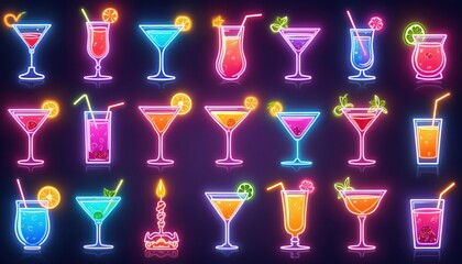 Collection of neon cocktail icons. Bright glowing drinks in various glasses with garnishes. Perfect for bar menus, party flyers, or nightlife promotions.