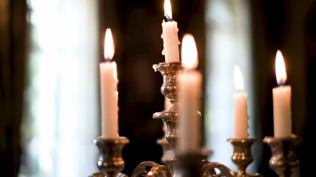 Lit candles on golden candelabra in antique room, soft light. Atmosphere for romance, decoration, or ambiance