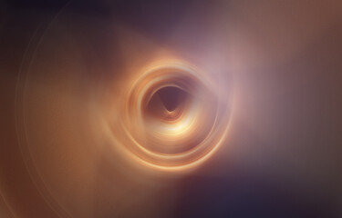 An abstract cosmic scene featuring a glowing circular vortex resembling a black hole, surrounded by swirling light, soft gradients, and warm golden tones. The image creates a mysterious, sci-fi atmosp
