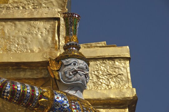 Golden Chedi in Front of the Pantheon, Carried by Twenty Monkeys and Demons, Wat Phra Kaeo Grand Palace (Temple of the Emerald Buddha), Bangkok, Thailand, Southeast Asia, Asia