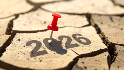 A red pushpin casting a shadow that reads '2026' on a highly textured, cracked, dry earth surface, symbolizing a goal, date, or challenging future environment. (186 characters)