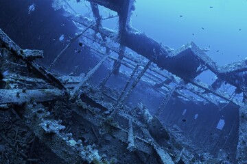 Wreck, stern Aida, French, ship, shipwreck, steamship, inside, structure, sunk 1957, Big Brother Islands, Egypt, Red Sea