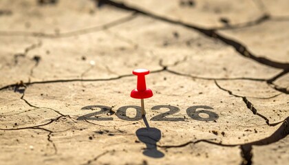 A red pushpin casting a shadow that reads '2026' on a highly textured, cracked, dry earth surface, symbolizing a goal, date, or challenging future environment. (186 characters)