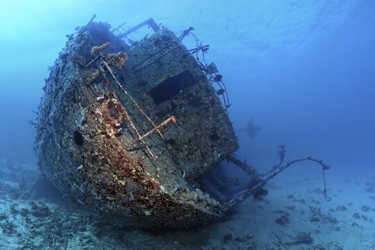 Wreck, shipwreck, Chrisoula K, also tile freighter, Greek, cargo ship, loaded with tiles, 101m length, 3807 GRT, stern, back light, sun, sunk 30.08.1981 on Sha'b reef, or Shaab Abu Nuhas, Red Sea, Egypt