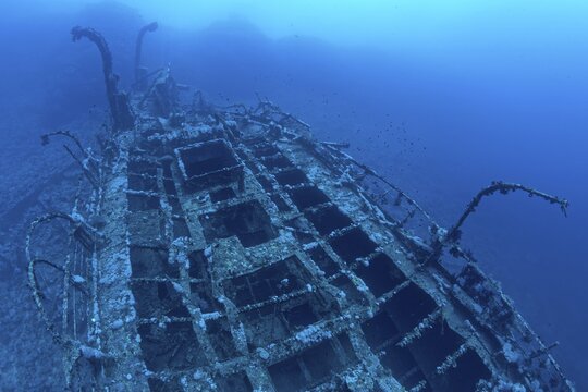 Wreck, stern Aida, French, ship, shipwreck, steamship, deck, structure, sunk 1957, Big Brother Islands, Egypt, Red Sea