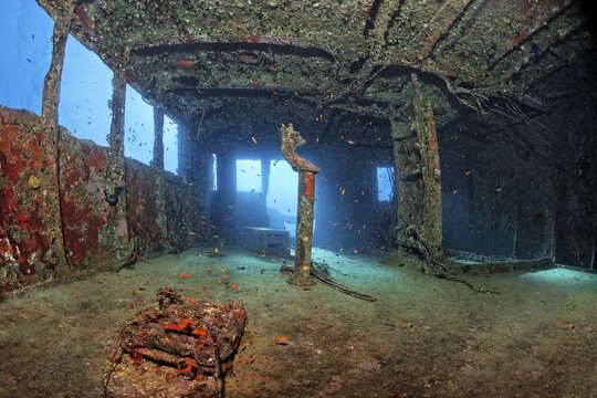 Bridge with fragment of machine telegraph, shipwreck, wreck, Giannis D, also timber freighter, launched in 1969 as Shoyo Maru in Japan, sank on 19.04.1983 due to navigation errors on Shab Abu Nuhas coral reef, Red Sea, Egypt