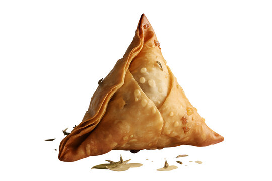 Golden brown triangular samosa isolated on transparent background