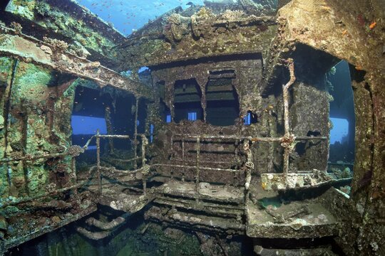 Below deck in wreck, shipwreck, Chrisoula K, Greek, cargo ship, tile freighter, stern, sunk on 30.08.1981 on Sha'b reef, or Shaab Abu Nuhas, Red Sea, Egypt