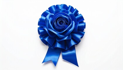 A single, vibrant blue satin ribbon rosette award or badge, with two tails, isolated on a clean, bright white background, studio quality photography. (179 characters)