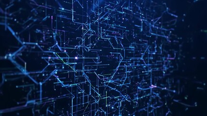A detailed visualization of a digital network with glowing lines and nodes, abstract and futuristic with a dark blue backdrop - Powered by Adobe