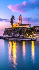 Scenic coastal church at twilight