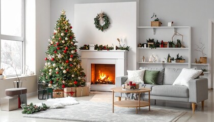 A warm, sunlit Christmas living room with a decorated tree, fireplace, mantel garland, and wreath, viewed through a large window showing a snowy landscape. (179 characters)
