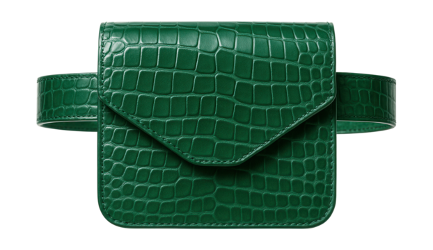 Emerald green croc-embossed belt bag featuring a magnetic flap closure.