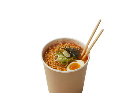Delicious ramen noodle soup in a paper cup with chopsticks isolated on transparent background
