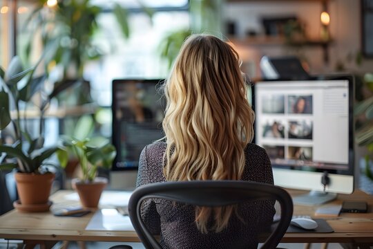 A woman with long hair sits at a desk in a well-lit office full of plants. She is focused on her computer screens, engaged in her work. The atmosphere is calm and productive