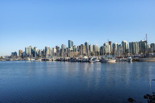 Skyscrapers, yachts and sailboats in the marina, Vancouver skyline, Vancouver, British Columbia, Canada