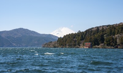 View of Lake Ashi with Mount Fuji volcano and peace torii from Hakone Shrine, Hakone, Japan