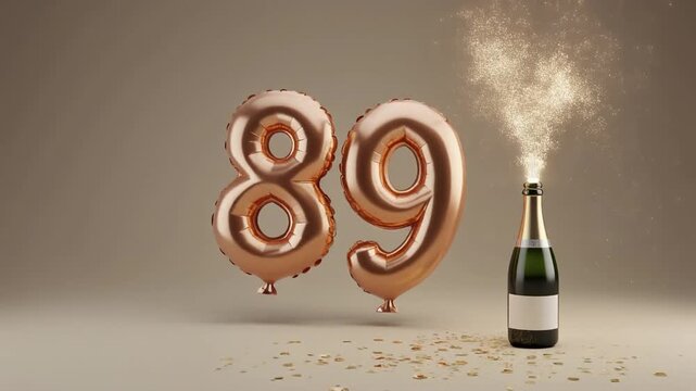 Balloon shaped as number 89, next to popping champagne bottle. Neutral colors for birthday or anniversary