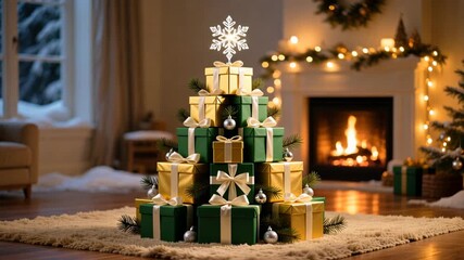 Stack of gold and green gifts with ribbons made of a christmas tree on fireplace and warm lights, christmas, new year - Powered by Adobe