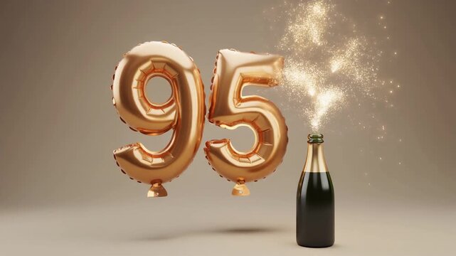 Balloon shaped as number 95, next to popping champagne bottle. Neutral colors for birthday or anniversary