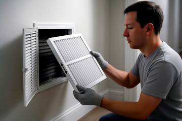 A man in gloves replaces a clean air filter for an HVAC vent.