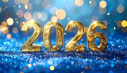Giant, sparkling gold '2026' numbers standing on a reflective, glittery royal blue surface, surrounded by bright bokeh lights and golden New Year's Eve fireworks. (188 characters)