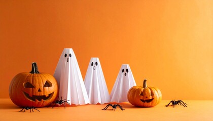 A fun, minimalist Halloween display with origami paper ghosts, carved and paper craft pumpkins, and plastic spiders against a bright orange background. (188 characters)