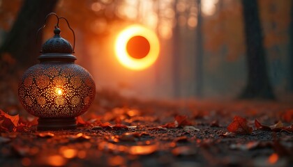 Ornate lantern with intricate pattern casts light on autumn leaves. Solar eclipse occurs in background with blurry trees. Decorative lantern on ground with fallen leaves, warm sunlight, serene forest