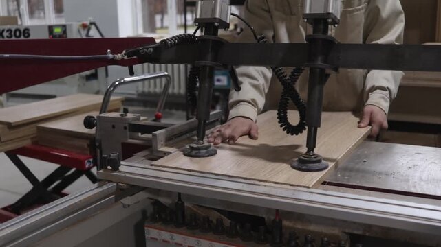 Educational carpentry workshop: students working with a milling machine and processing a wooden board using vacuum suction cups, close-up