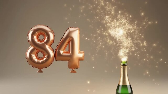 Balloon shaped as number 84, next to popping champagne bottle. Neutral colors for birthday or anniversary