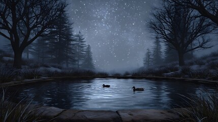 A serene winter night scene with two ducks swimming in a still pond under a starry sky and gentle snowfall