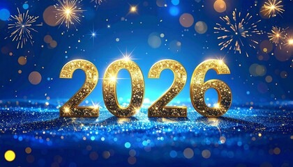 Giant, sparkling gold '2026' numbers standing on a reflective, glittery royal blue surface, surrounded by bright bokeh lights and golden New Year's Eve fireworks. (188 characters)