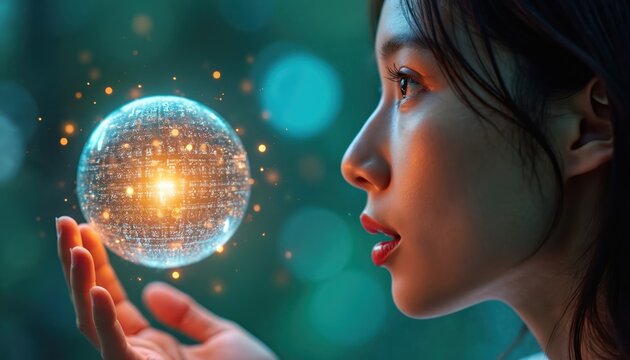 Woman holds glowing orb with data circuits. Futuristic sphere contains digital information, light emanates. Female gazes at future tech, digital transformation, artificial intelligence.
