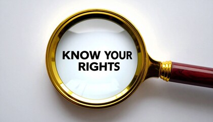 A classic gold and mahogany magnifying glass focusing on the phrase "Know your rights" in a document, emphasizing detail, investigation, and legal scrutiny. (174 characters)