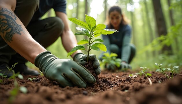People planting young tree saplings in lush green forest. Volunteers work together creating new growth. Caring for nature and future generations with outdoor conservation activity.