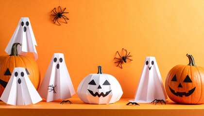 A fun, minimalist Halloween display with origami paper ghosts, carved and paper craft pumpkins, and plastic spiders against a bright orange background. (188 characters)