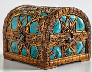 Carved wooden box with turquoise stone inlays on white background