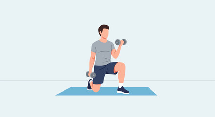 Man performing dumbbell curls while in lunge position on yoga mat, demonstrating strength training exercise for building bicep muscles and improving fitness