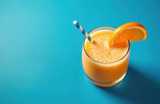 Glass full of orange smoothie topped with orange slice and striped straw. Refreshing drink sits on plain blue background. Perfect for healthy lifestyle content and summer vibes. - Powered by Adobe