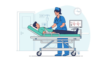 Nurse attending to patient lying on hospital gurney, with medical equipment and monitors in the, illustrating patient care