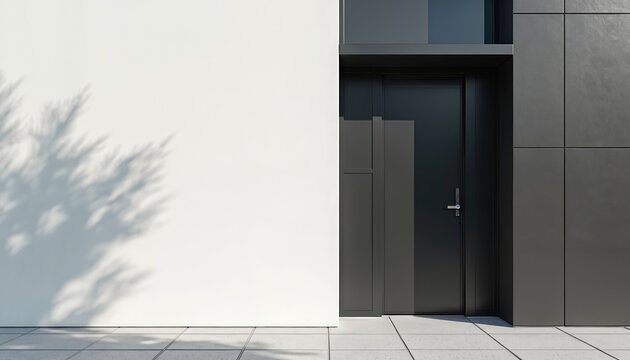 Modern black steel door set against a white wall and dark grey facade panels. Minimalist entrance design in outdoor space with shadow patterns on wall.