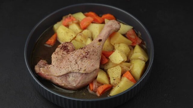 Duck leg with broth, stewed with potatoes and carrots, sprinkled with parsley and sumac. Simple home hearty cooking. Deep gray plate on a black background. A woman sprinkles sumac on a duck.