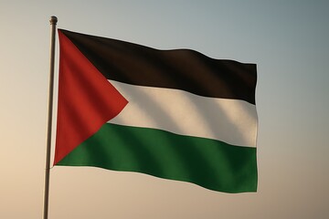 Fototapeta premium Waving Palestinian flag, clean gradient sky backdrop.