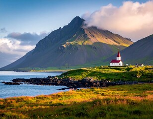 Scenic coastal landscape with mountain and church