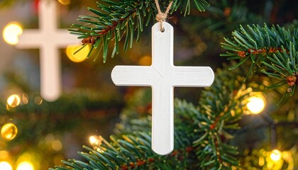 A white wooden cross ornament hanging by twine on a lush green Christmas tree branch, with warm, blurred golden string lights in the background. (179 characters)