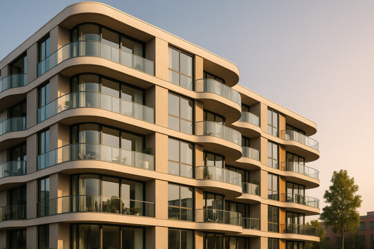 Modern architectural apartment building with curved balconies in sunset light