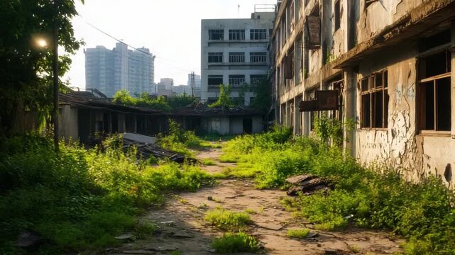 Abandoned Building Scene: a building that is weathered and forgotten, evoking a sense of history and the passage of time. A visual story of decay, nature reclaiming a forgotten structure.