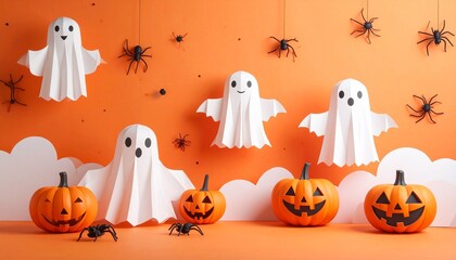 A fun, minimalist Halloween display with origami paper ghosts, carved and paper craft pumpkins, and plastic spiders against a bright orange background. (188 characters)