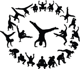 Set of black silhouettes, collection of breakdance b-boy poses, hip hop dancers in a circle, handstand freeze, street dance frame, isolated vector illustration.